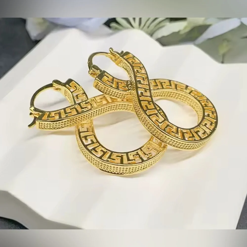 18K Gold Infinity Shape Hoop Style Earrings With Greek Style Design